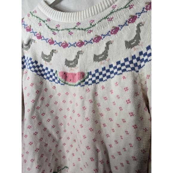 Vintage 80s Eddie Bauer Cute Ducks Watermelon Cotton Knit Pullover Sweater LRG - Picture 14 of 14